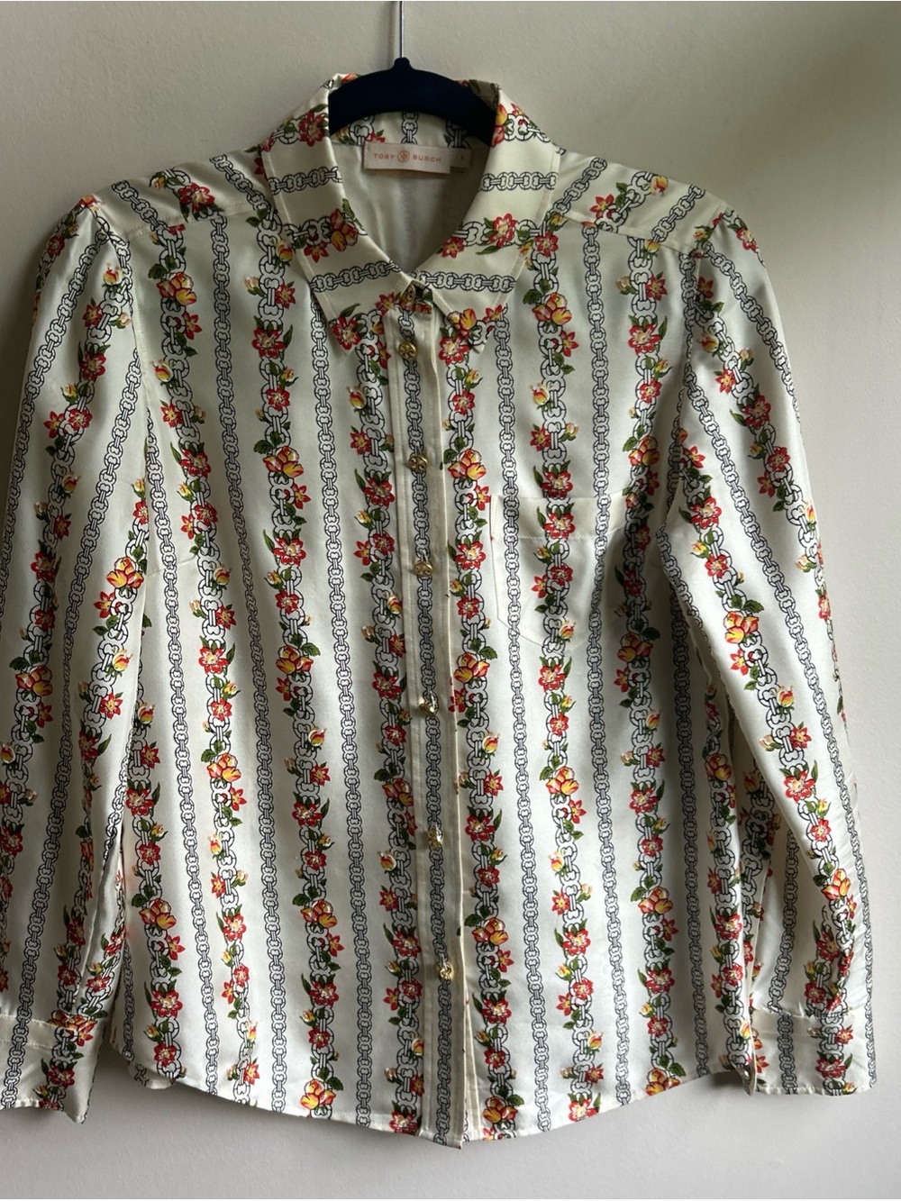 Tory Burch Cream Floral-Chain Stripe Button 100% Silk Long Sleeve Blouse